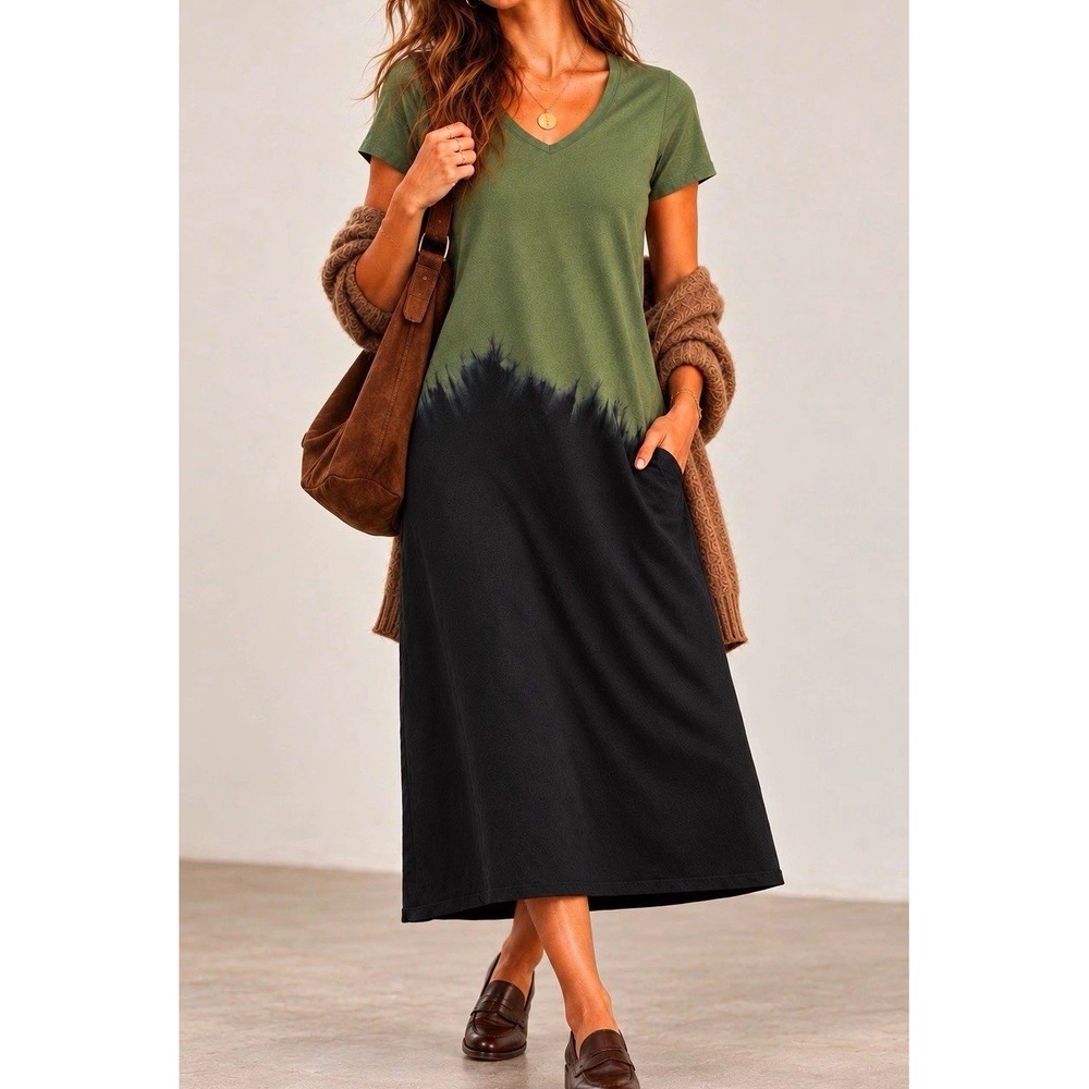 ATM Anthony Thomas Melillo Dip Dye Midi Dress S Agave Black Cotton